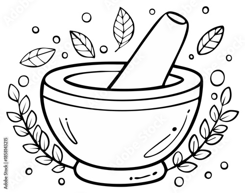 Mortar and Pestle Line Art with Leaves Illustration for Coloring Pages and Botanical Designs