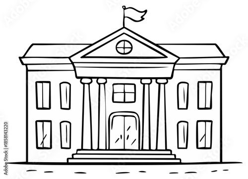 Drawing of a Classical Building Facade with Columns and Flag on Top for Coloring Pages or Educational Resources, Black and White Art