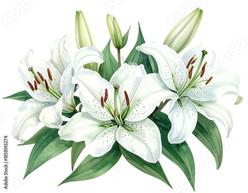 White lily bouquet with green leaves, realistic details