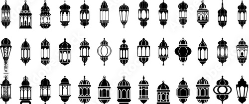 Different lanterns elegant, vintage, and Arabic-inspired aesthetic silhouettes collection, traditional Middle Eastern and Moroccan styles, simple graphic collection, Vector illustration. 