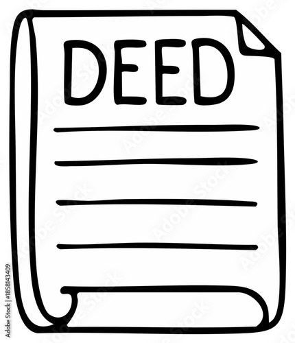 Hand Drawn Illustration of Deed Document, Paperwork Outlined in Black and White, Legal Contracts and Property Documentation