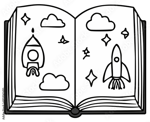 Open book with rocket ships, stars, and clouds illustration, space travel concept