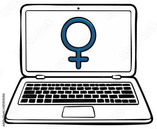 Laptop screen displays female gender symbol representing women in technology and digital representation of femininity