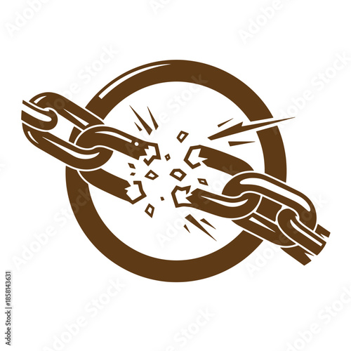 Vintage Brown chain breaking through circle symbol isolated on transparent background