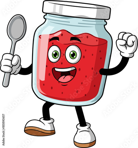 Friendly cartoon food characters holding spoons and smiling in a fun arrangement. Food, drink, beverage, snack,fastfood, strawberry jam