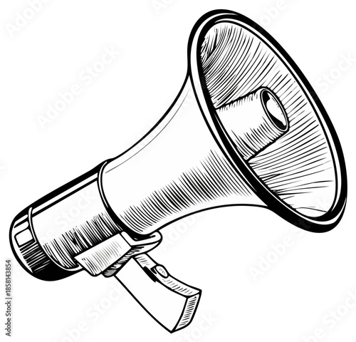 Retro megaphone sketch with hatching detail announcing sound or message