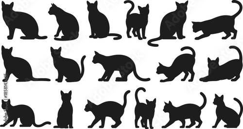 Black Cat Silhouettes Collection Featuring Sitting, Walking, Playing and Stretching Feline Poses, Minimal Vector Illustration Set for Pet Design, Logos, Icons, and Creative Projects