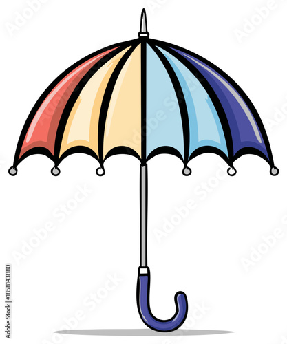 Colorful Umbrella Illustration Cartoon Style, Rainy Weather Protection Icon, Open Rainbow Parasol Design Element
