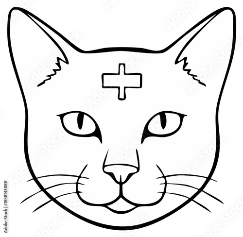 Cartoon Cat Face with Cross on Forehead, Medical Concept, Line Art