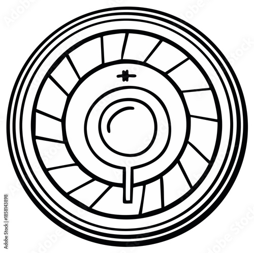 Circular camera lens aperture with radiating blades and central lens element in monochrome outline