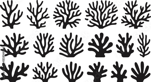 Black coral reef silhouettes collection isolated on white background, marine underwater shapes set for ocean design, logos, patterns, and illustrations