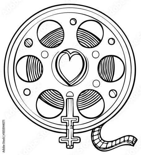 Vintage film reel with heart symbol and film strip illustration
