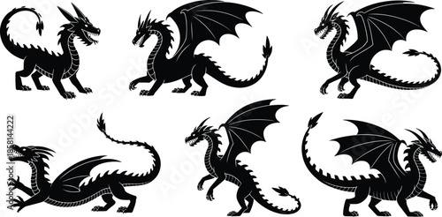 Black dragon silhouette collection isolated on white background, fantasy mythical creatures set for tattoo design, gaming graphics, logos, and illustrations