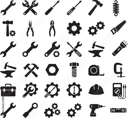 Professional Construction and Repair Tool Icon Set - Solid Black Hardware Symbols for DIY, Maintenance, and Engineering, Industrial Tool and Hardware Silhouette Collection
