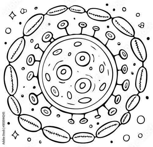 Cartoon virus microbe sphere with spikes and surrounding shell necklace illustration