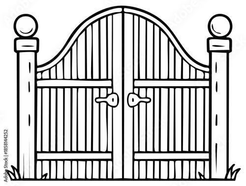 Wrought Iron Garden Gate with Ball Finials and Grass Accents, Black and White Outline