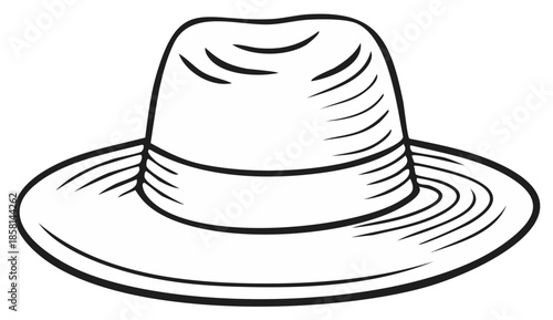 Classic hat sketch illustration icon featuring a wide brim and decorative band, outlined in black