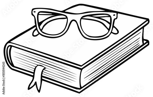 Stylized illustration of eyeglasses resting on a closed book with a bookmark