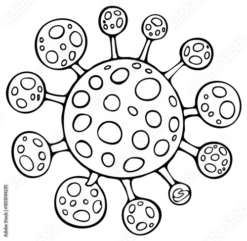 Microscopic cartoon virus cell illustration depicting infectious disease and germs science concept