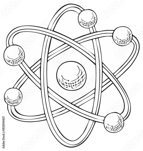 Hand-drawn atomic model illustration representing science and fundamental particle structure
