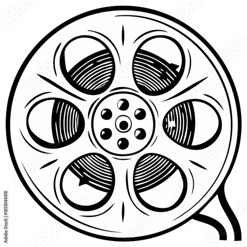 Vintage Film Reel Black and White Illustration, Retro Cinema Projector Element, Classic Movie Production Graphic