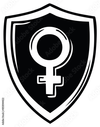 Black shield with prominent white Venus symbol for women's rights and empowerment