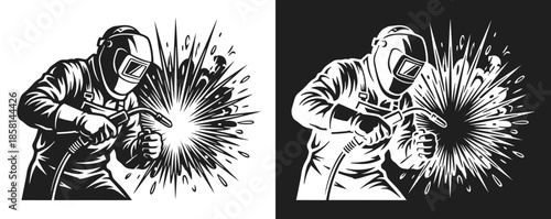 Metalworking illustration showing a male welder holding equipment and joining metal parts with active sparks.