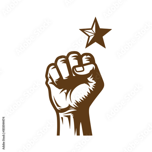 Vintage Brown fist with star above it in a symbolic gesture isolated on white background