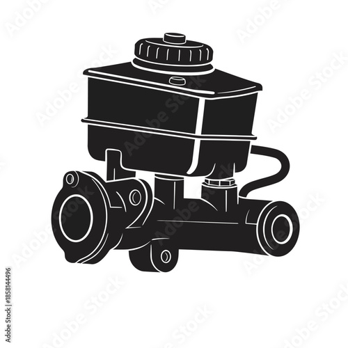Automotive car brake master cylinder vector illustration in black and white silhouette style for vehicle braking system maintenance