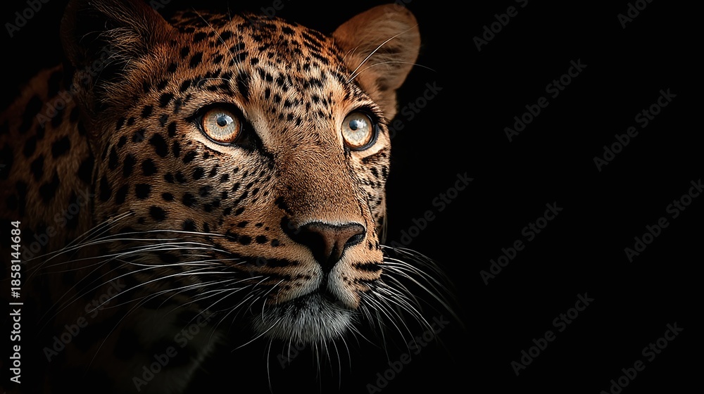 Naklejka premium Stunning Leopard Close-Up with Intense Eyes, Dramatic Night Silhouette