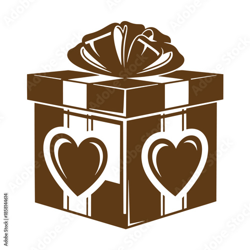 Vintage Brown gift box with heart design and ribbon on top isolated on white background