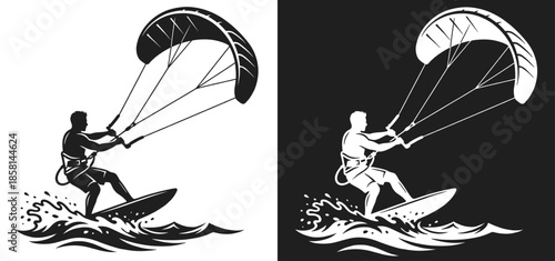 Kitesurfing illustration. Representing a male athlete riding waves with a kite, water sport activity, motion, and outdoor performance.