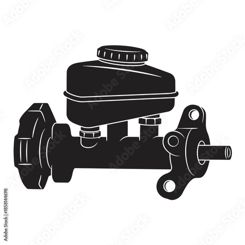 Automotive car brake master cylinder vector illustration in black and white silhouette style for vehicle braking system maintenance