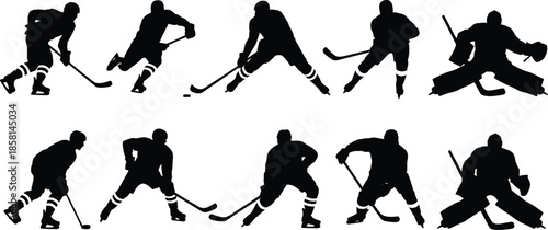 Black ice hockey action silhouettes collection isolated on white background, dynamic player poses set for sports branding, team logos, posters, and illustrations