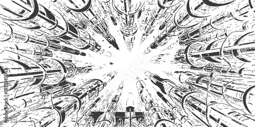 Looking up at abstract geometric cylinders reaching the sky isolated on white background