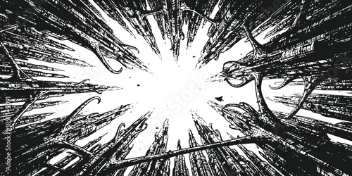 Organic futuristic structures reaching towards light, abstract art isolated on white background