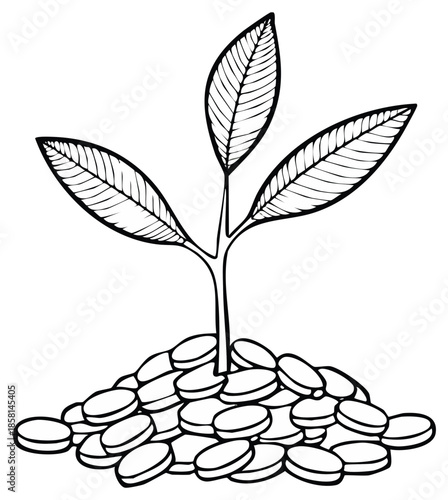 Plant sprouting from coins showing growth concept for investment hand drawn design