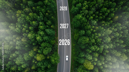 Aerial view of a lone car driving along a forest road marked 2026, 2027, and 2028, symbolizing journey, progress, future planning, and time ahead together.

