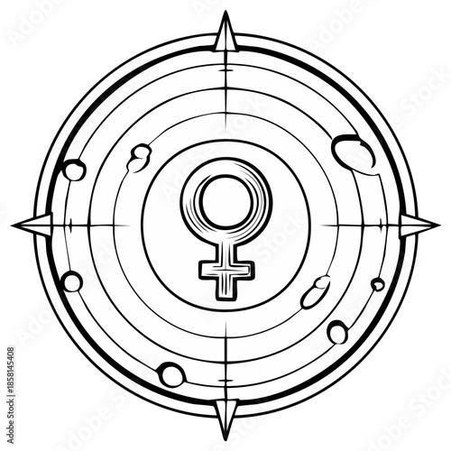 Feminine Symbol Surrounded by Crescent Moon Phases in an Astrological Round Design