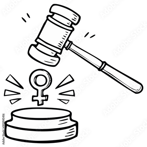 Gavel striking female symbol on block, symbolizing justice and women's rights.