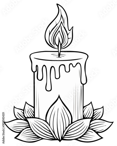 Candle flame on lotus petals simple vector illustration drawing for coloring book or page isolated on white background
