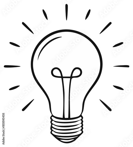 Illustration of a classic lightbulb with emanating rays indicating illumination and a filament within the bulb, sketch style