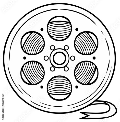 Vintage Film Reel With Strips and Ribbon, Classic Cinema Symbol, Retro Movie Projector Element