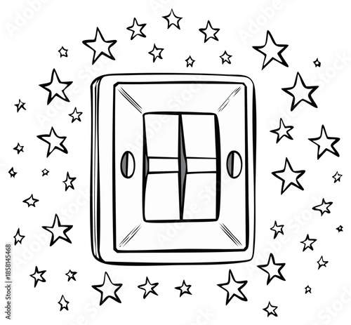 Hand-drawn line art of a double light switch surrounded by sparkling stars representing power