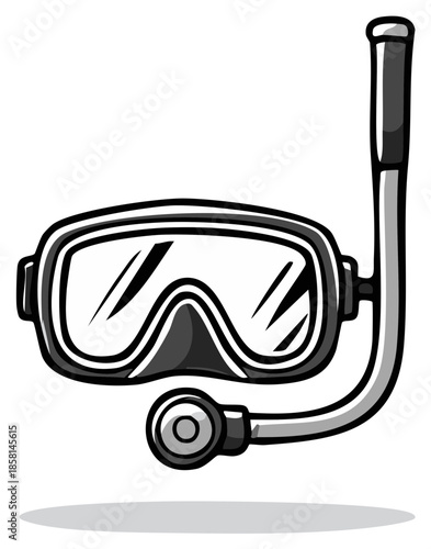 Black and White Cartoon Illustration of Scuba Diving Mask and Snorkel Equipment