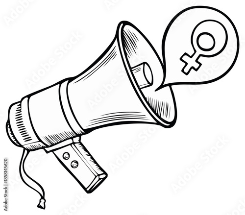 Illustration of a megaphone with a speech bubble and the female gender symbol