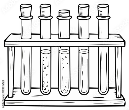 Five Glass Test Tubes Filled With Bubbling Liquid In A Wooden Stand Laboratory Equipment
