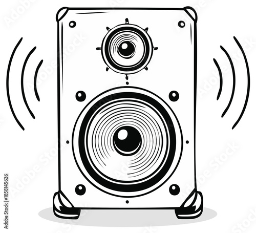 Loudspeaker Doodle Style Illustration with Sound Waves Radiating from the Music Speaker