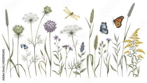 Delicate wildflowers and a dragonfly illustration botanical art nature inspired design isolated on transparent background