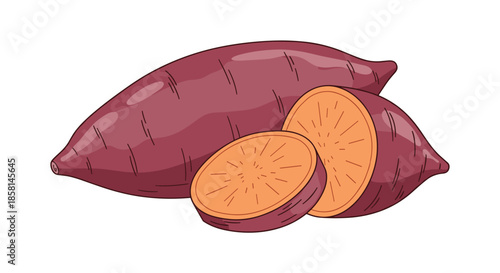 Simple line art illustration of whole and sliced sweet potatoes, showcasing the root vegetable's shape and orange interior.